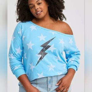 Torrid Light Blue Off-Shoulder‎ Sweater with Stars